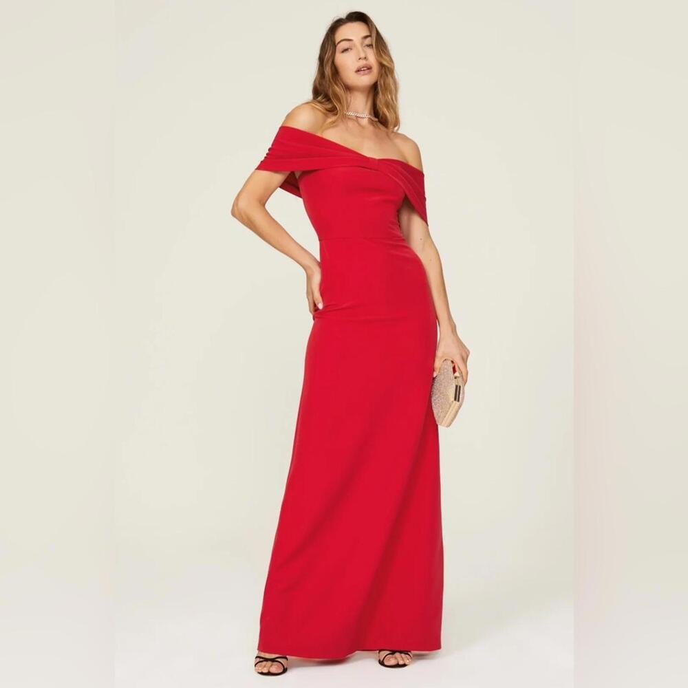 Sachin & Babi Julia Gown: Elegant Red Off-Shoulder Floor-Length Dress